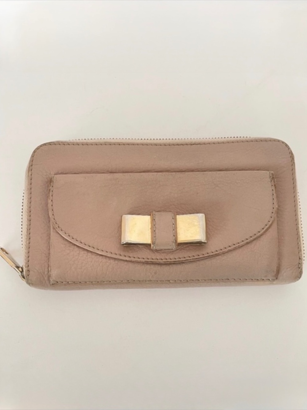 Chloe Lily Leather Long Zip Bow Wallet Beige Tan
